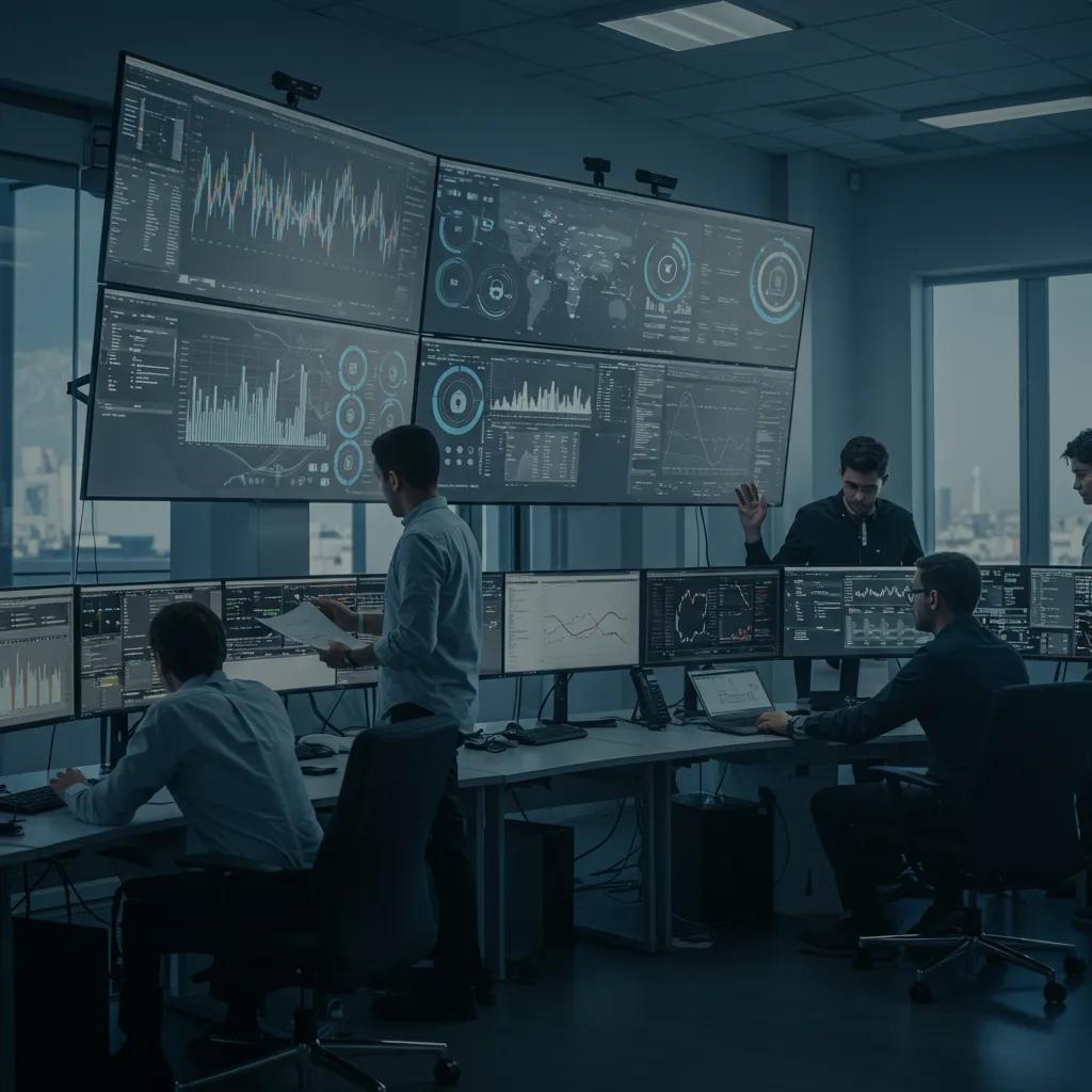 Cybersecurity team analyzing data in a high-tech control room