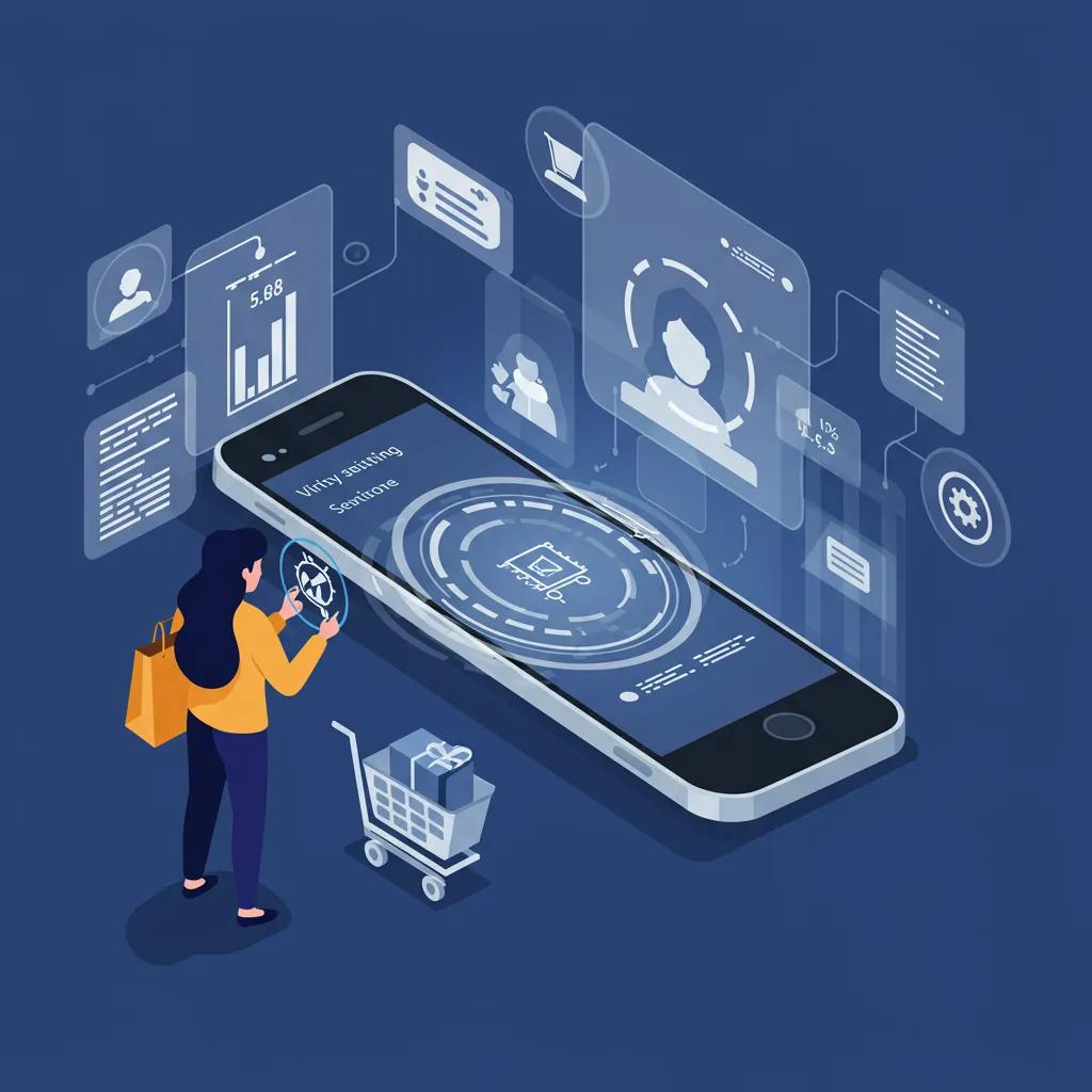 Futuristic shopping experience featuring AI-driven personalization and virtual assistant interaction