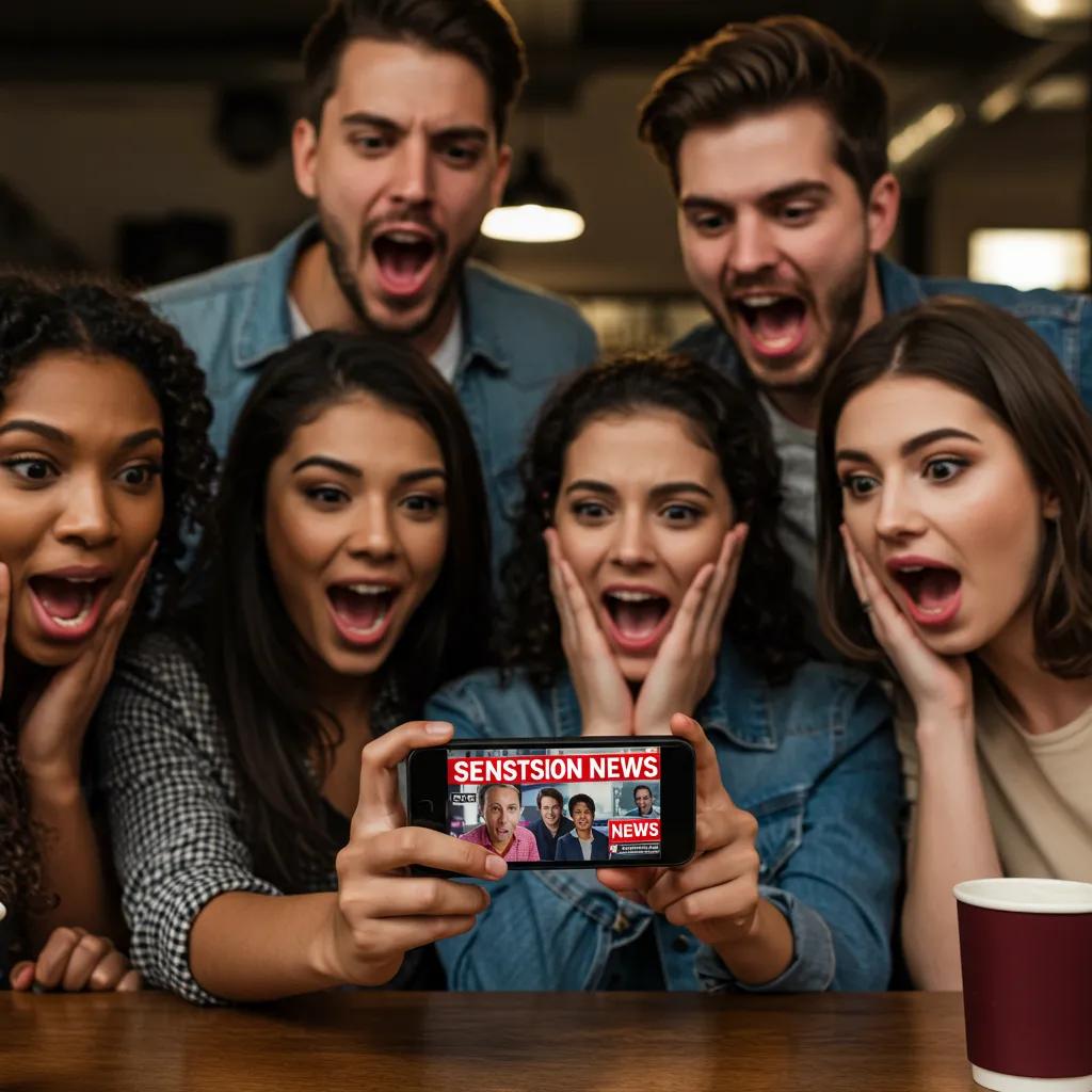 Group of diverse individuals reacting emotionally to sensational news on a smartphone