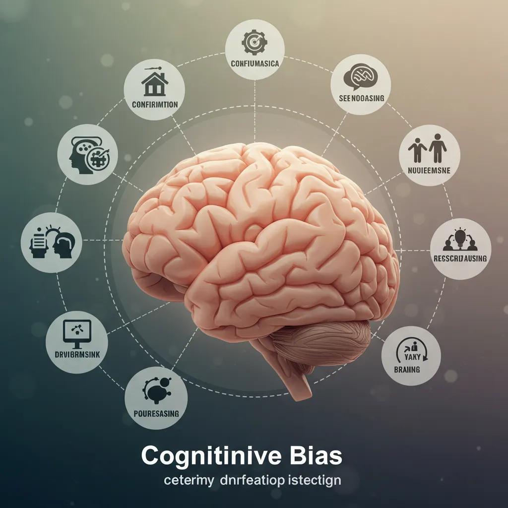 Illustration of a brain surrounded by icons representing cognitive biases that influence belief in misinformation