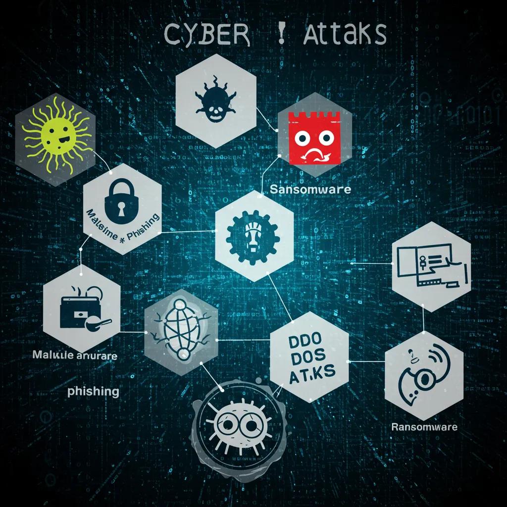 Illustration depicting common cyber attack types including malware, ransomware, and phishing