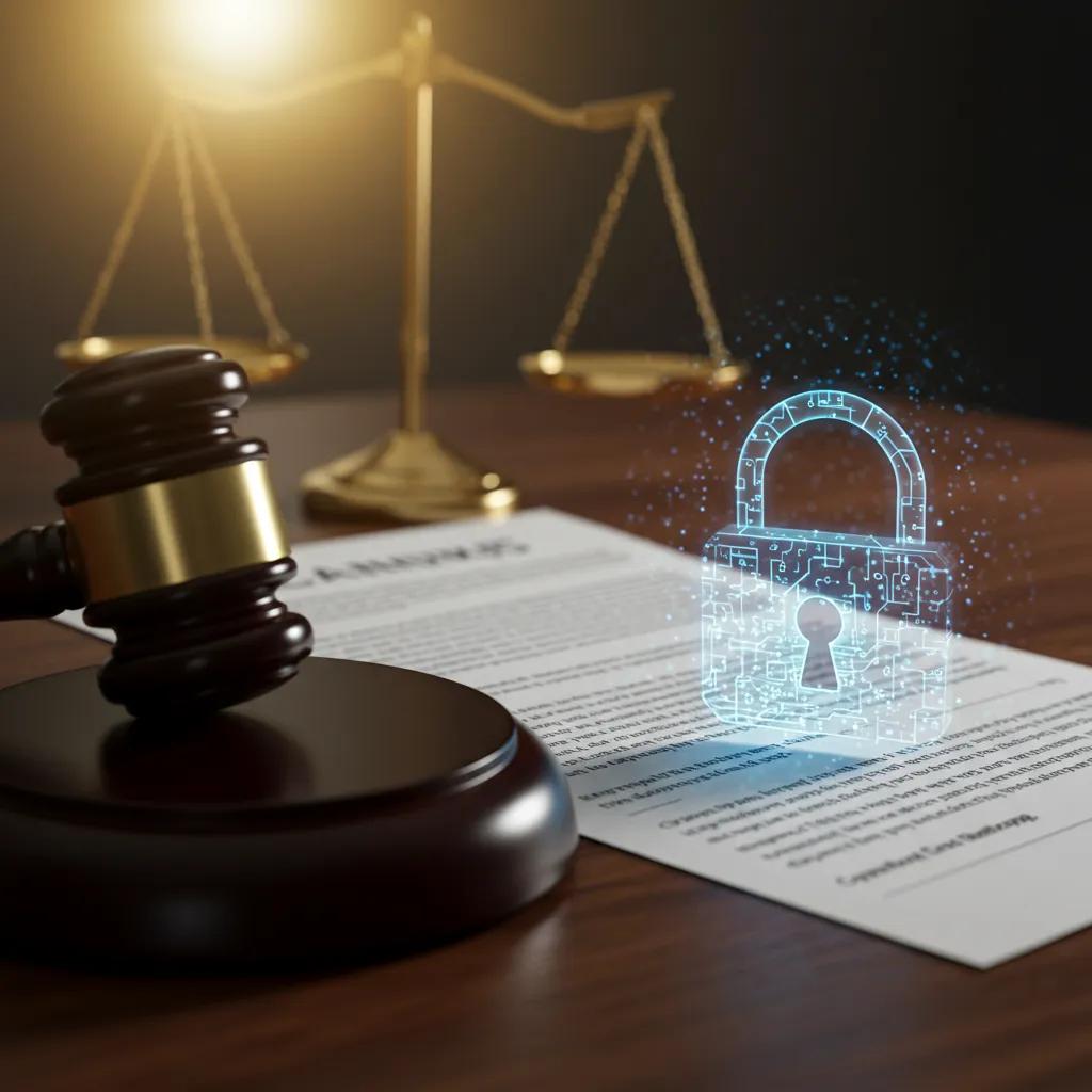 Legal document featuring a gavel and digital padlock symbolizing data protection laws