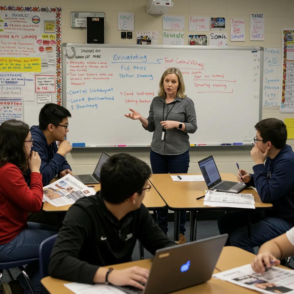 An educator leading a news literacy activity in a classroom environment